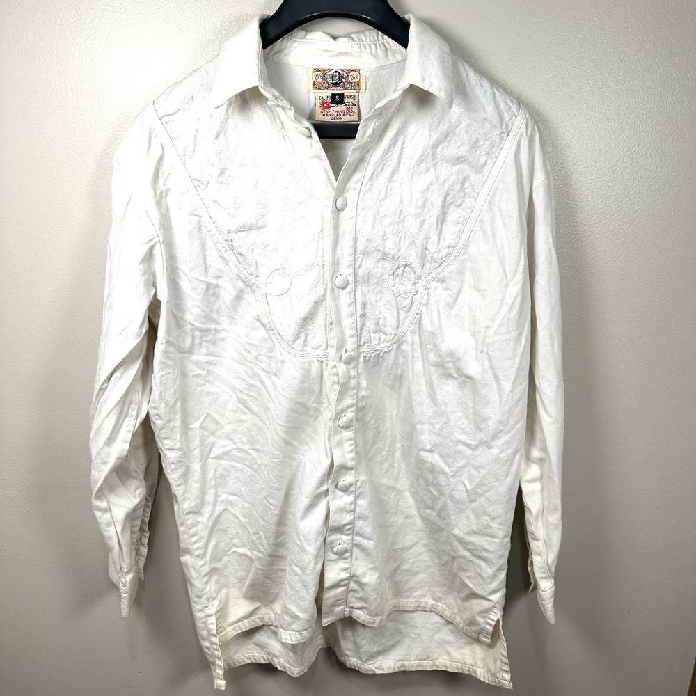 Vintage Gene Ewing BIS White Western Snap Shirt Small Mens Wrinkled White Denim